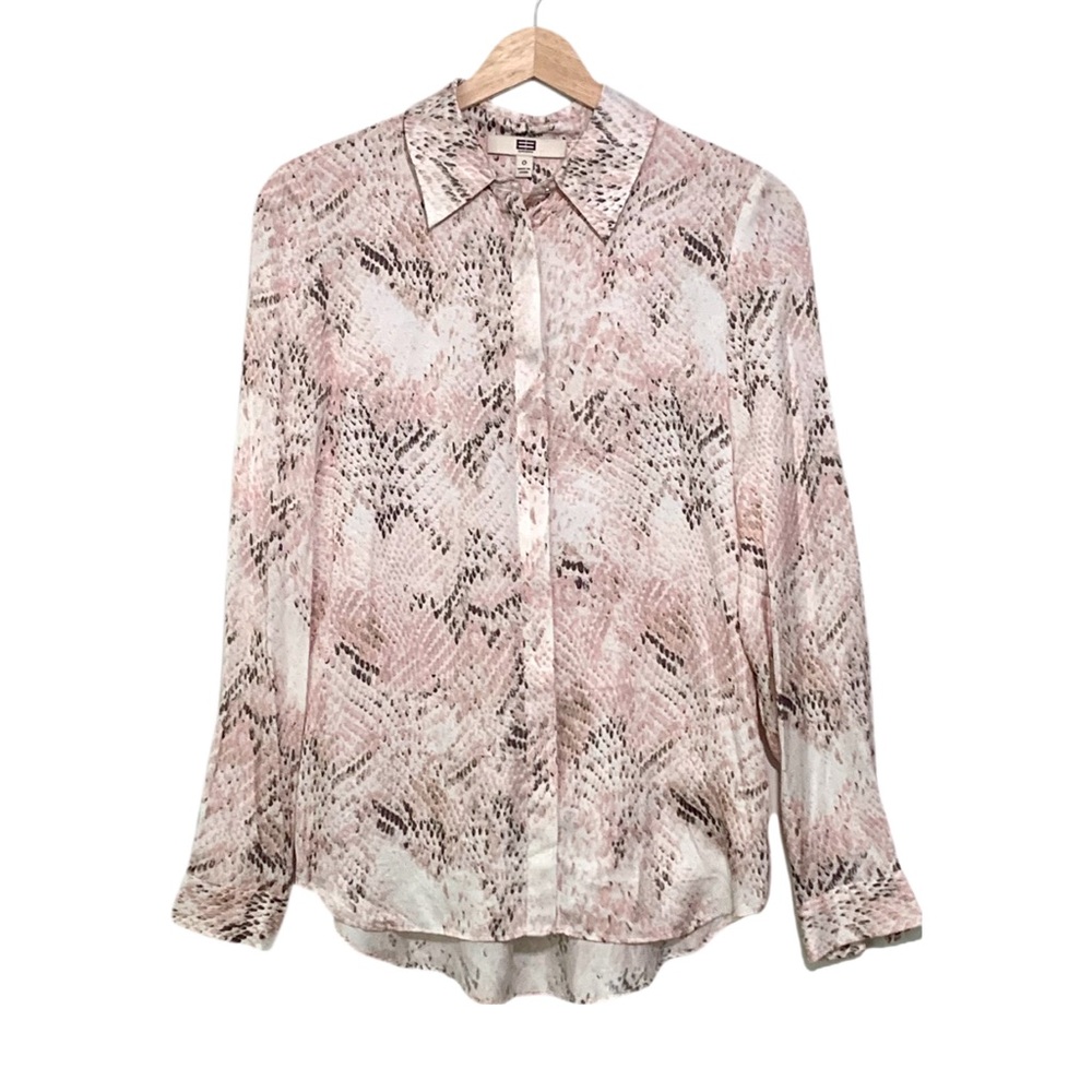 Etcetera Pink Animal Print Button Down Top Blouse Size Zero Silky Chic
